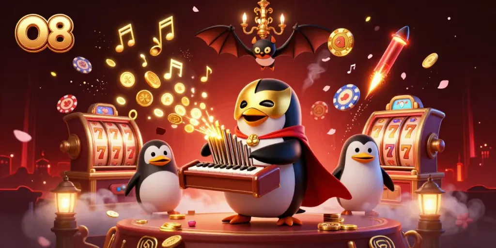 O8's enchanting illustration with a penguin organist and casino game symbols celebrating online gambling.
