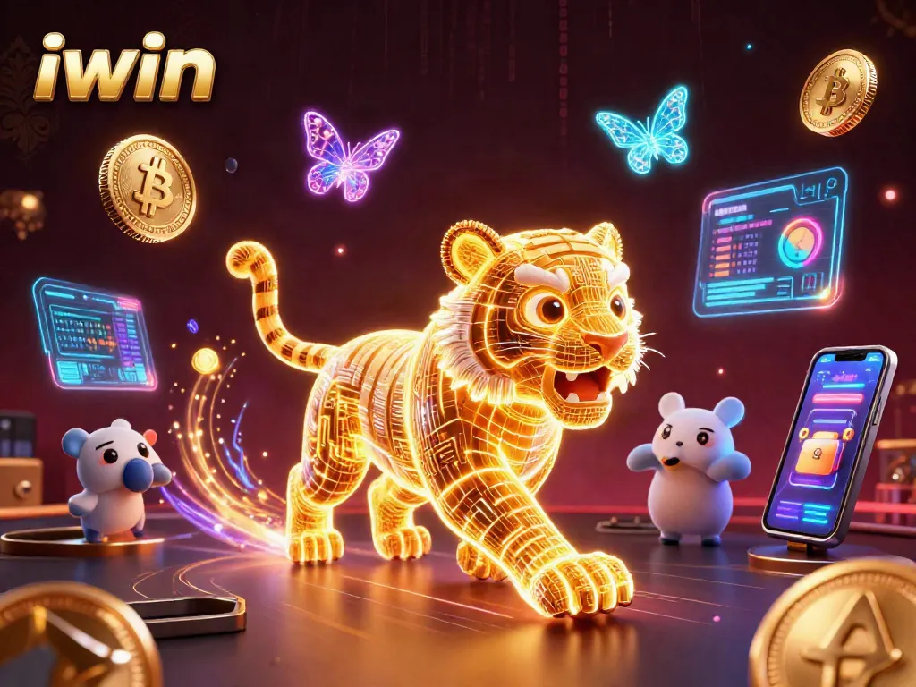 Experience the thrill of iwin casino games amidst a dazzling digital landscape filled with vibrant crypto elements.