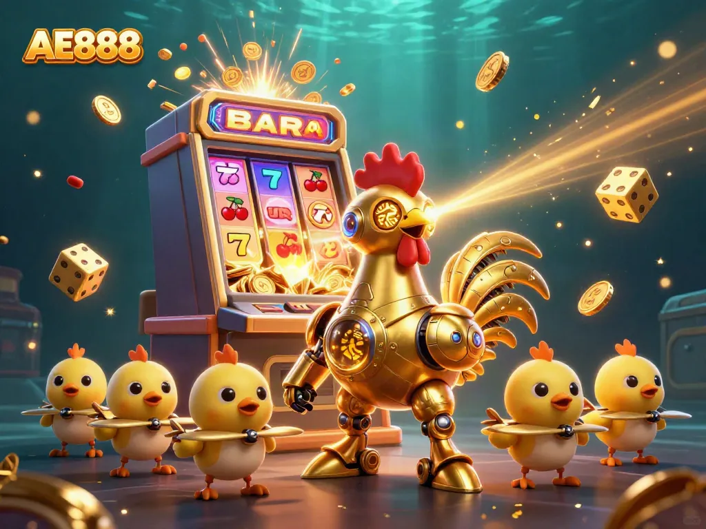 Engage with AE888 in a vibrant 3D casino illustration featuring a golden rooster robot and dynamic gaming elements.