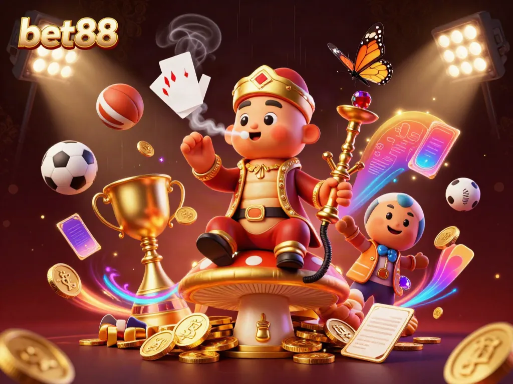 Experience excitement at bet88 as a caterpillar master spins poker smoke rings surrounded by dynamic sports elements.