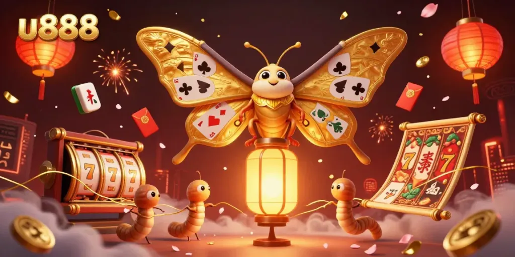 Engage with u888's vibrant casino universe featuring golden moths, spinning casino elements, and festive decorations.