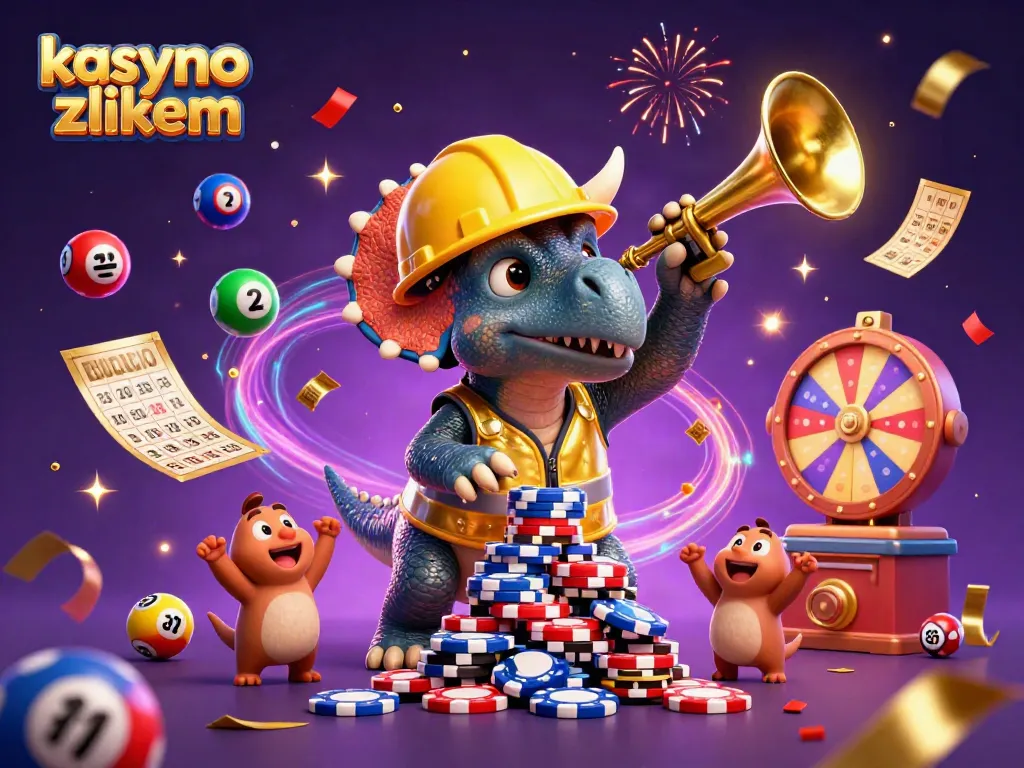 Experience excitement at kasyno z blikiem with a vibrant scene of festive dinosaurs building poker chip towers.