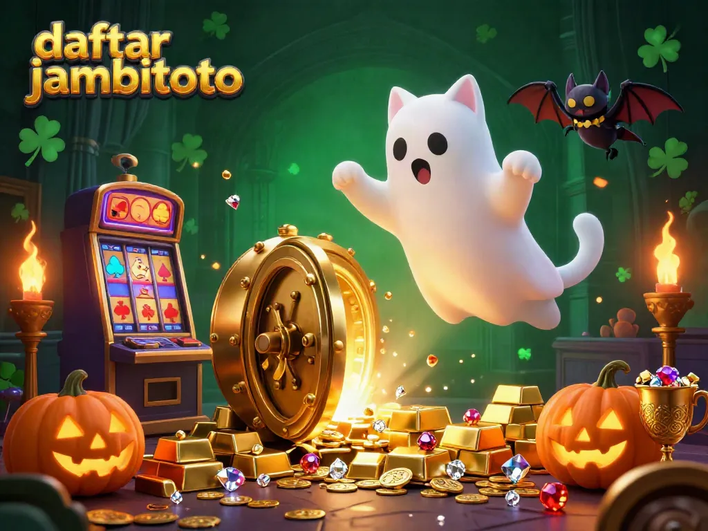 Join the spooky fun of daftar jambitoto with a ghost cat, bat companion, and glowing poker pumpkins in a haunted casino.