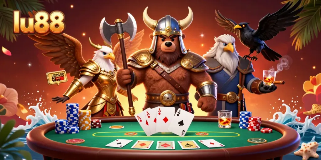 lu88 players enjoying an energetic poker game with Viking characters and dramatic visuals.