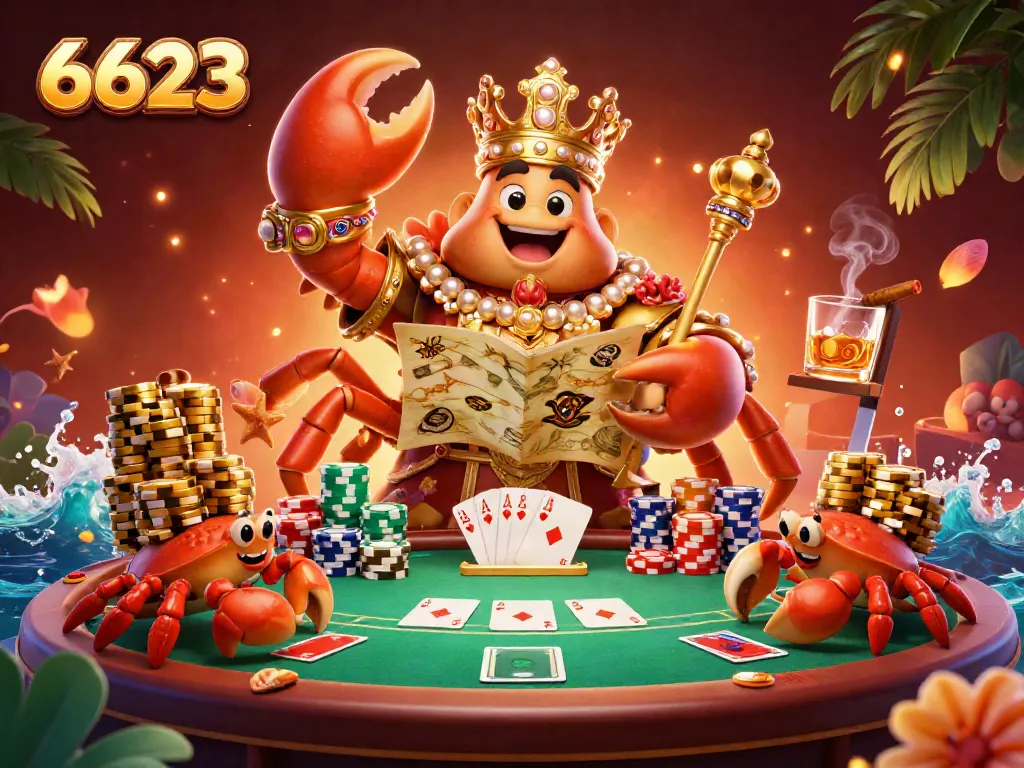 Engage with 6623's vibrant gambling world featuring a golden crab emperor, poker elements, and rich scenery.