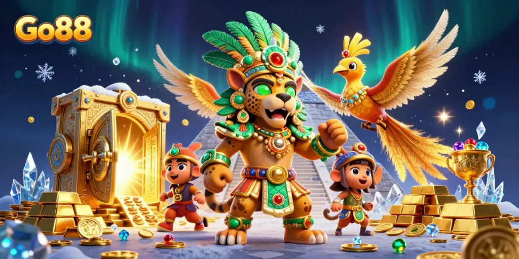 Explore the Go88 casino experience with Mayan characters and vibrant gold treasures.