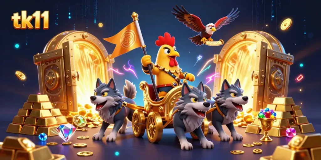 Experience thrilling gameplay with tk11 featuring a rooster warlord and treasure in a vibrant casino world.