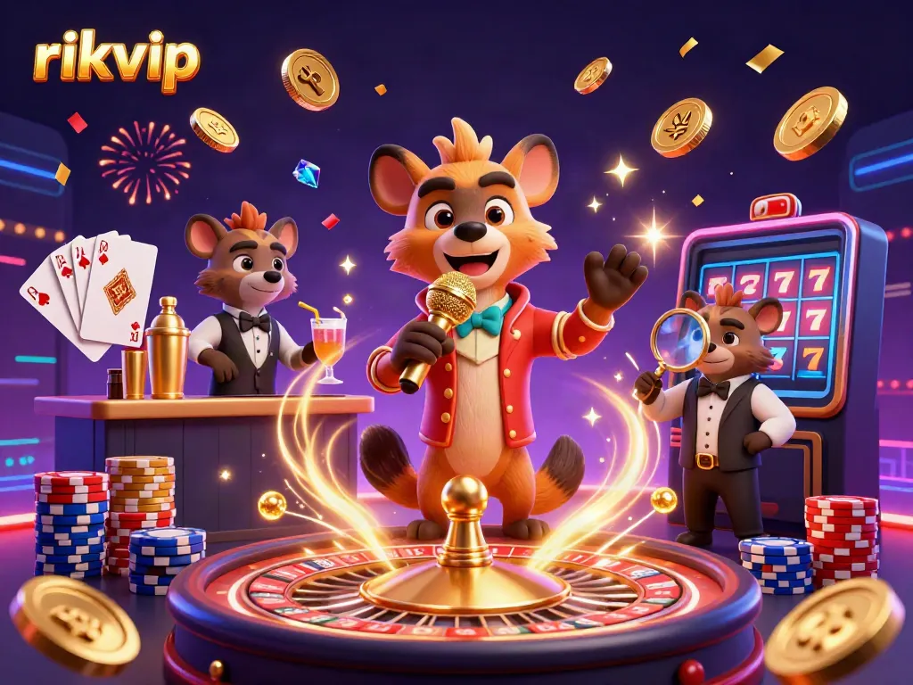 Watch the rikvip hyena comedian perform in a lively casino scene with cascading coins and a roulette wheel.