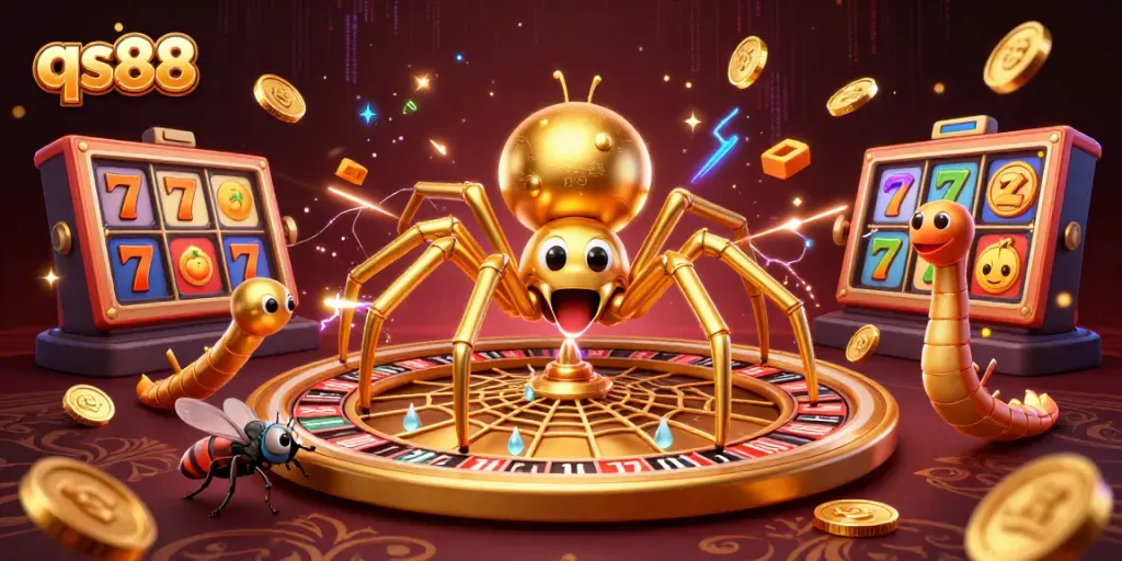 Experience qs88 with a thrilling scene of a spider spinning a roulette wheel web, showcasing casino excitement and dynamic gameplay.