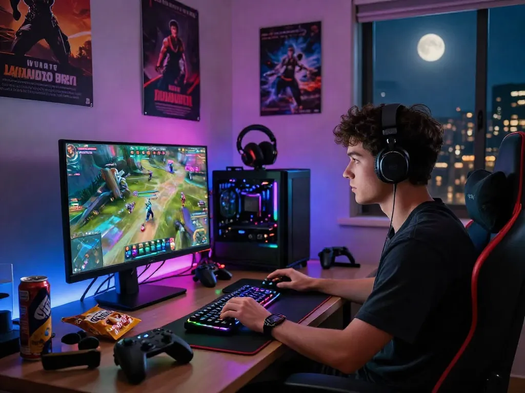Gaming enthusiast engaging with istana404 online game in vibrant, cozy room filled with collectibles and RGB lighting.