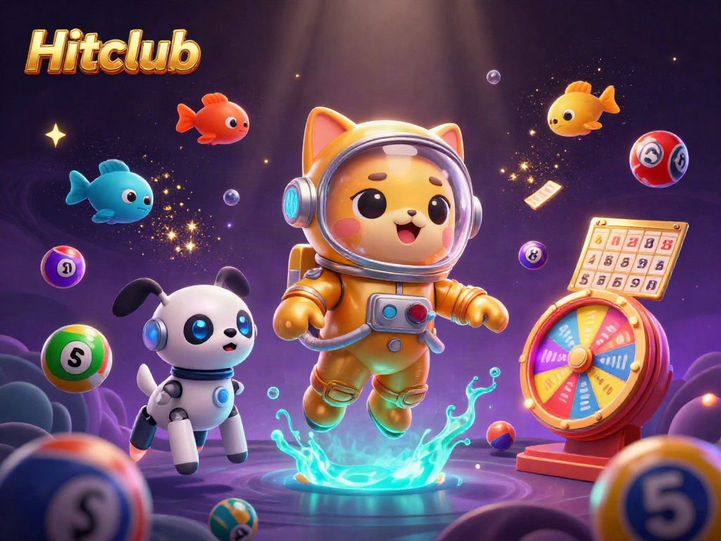 Hitclub presents a vibrant 3D gambling scene with a golden astronaut cat and exciting casino elements.