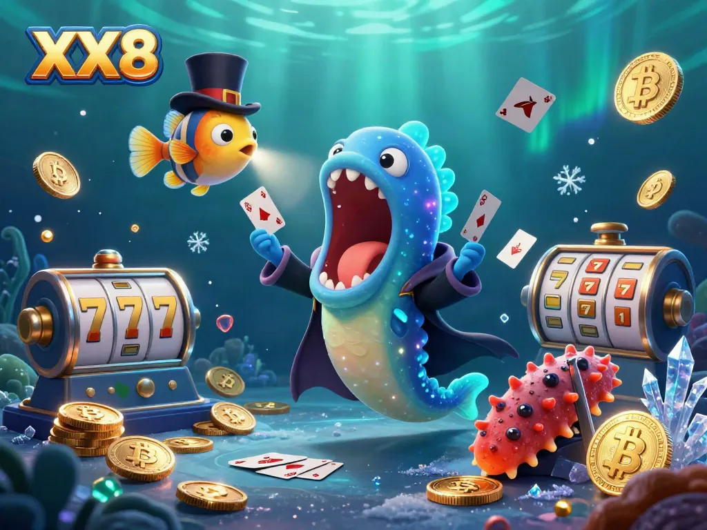 Experience the thrill of gambling with XX8, featuring vibrant casino elements like slot reels and neon coins.
