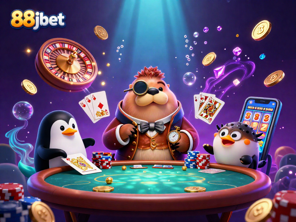 88jbet gaming scene with a walrus, penguin dealer, and pufferfish at an underwater poker table.