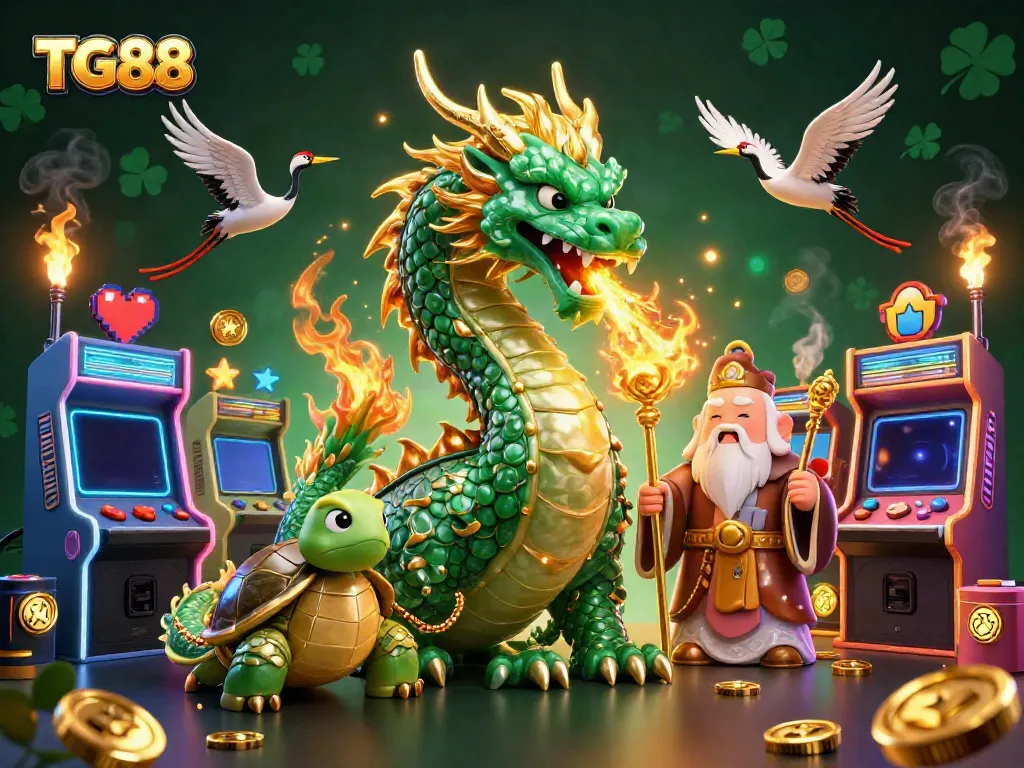 Engaging illustration of TG88 featuring a dragon, turtle sage, and lucky cranes amidst vibrant casino elements.