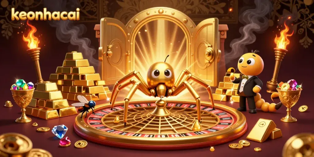 Watch the keonhacai spider spinning a roulette wheel web while a fly nervously places bets in a rich casino scene.