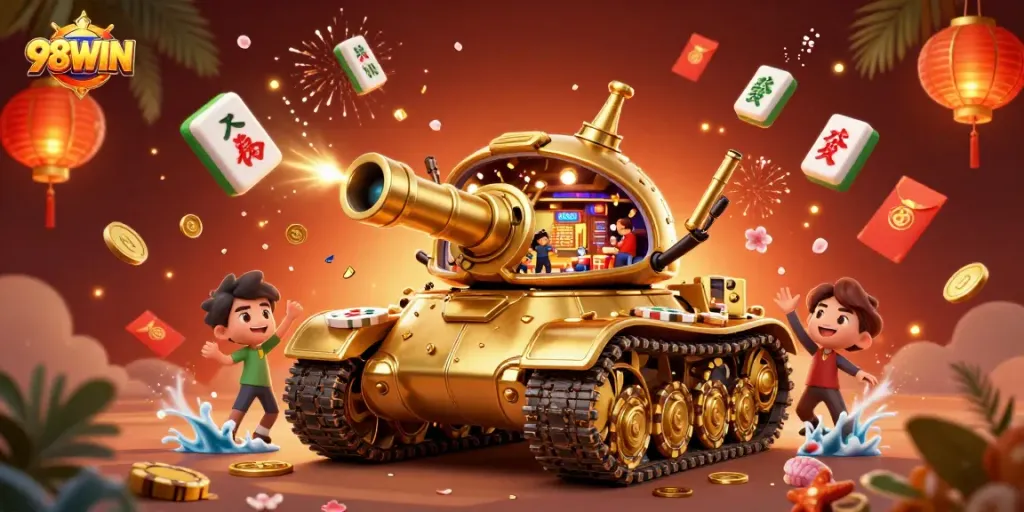 Experience the excitement of 98WIN with a magical miniature casino, vibrant game elements, and colorful decorations.