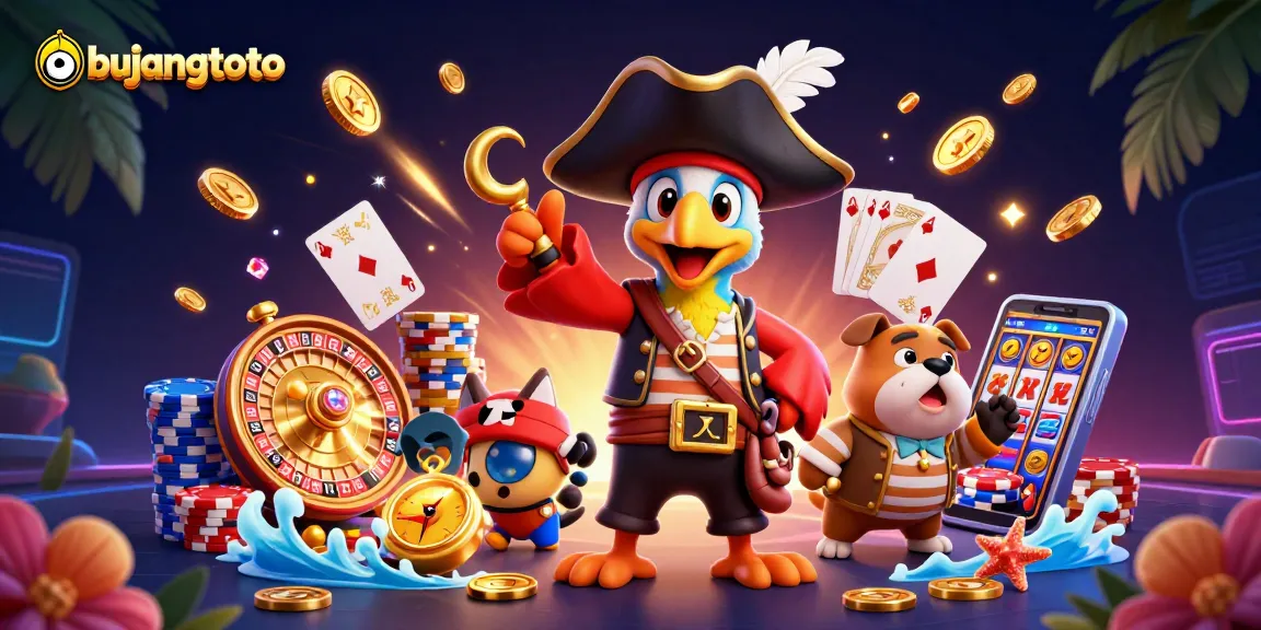 Engage with bujangtoto's vibrant 3D casino scene featuring a pirate captain, bulldog, and cat.