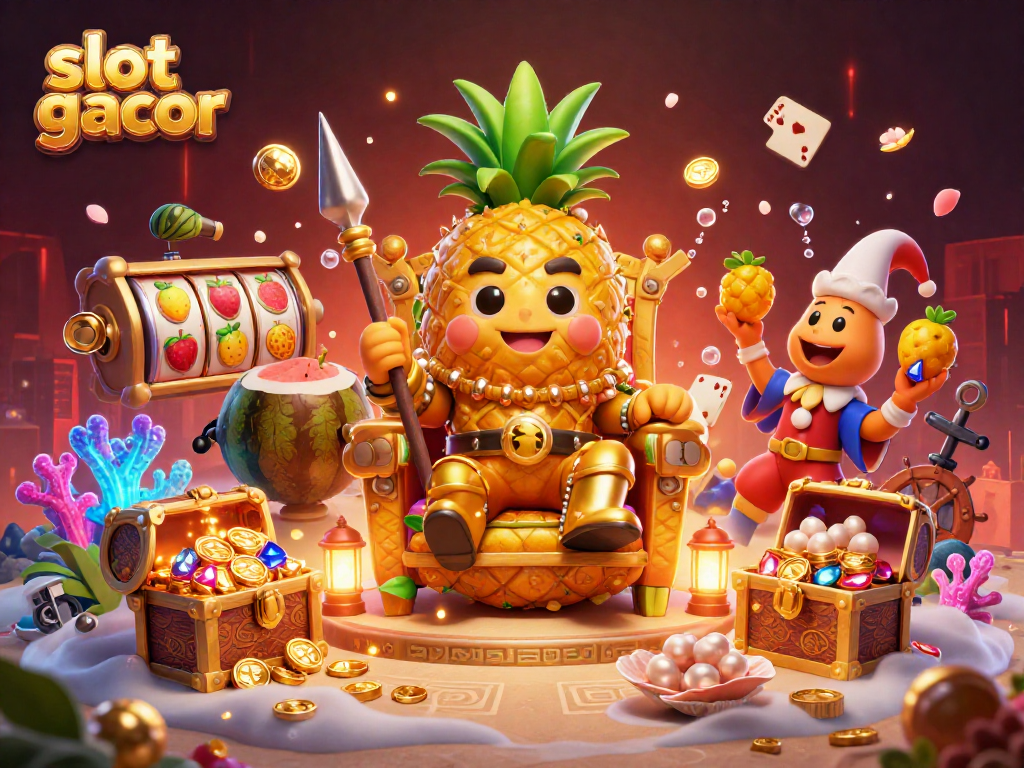 Experience the thrill of slot gacor in a vibrant casino scene with the golden pineapple king and dynamic elements.