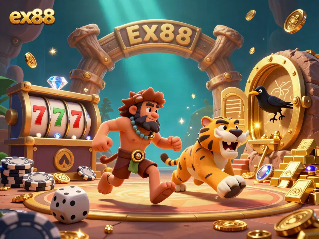 Experience thrilling gameplay at ex88 casino with cavemen and treasures in this vibrant 3D scene.
