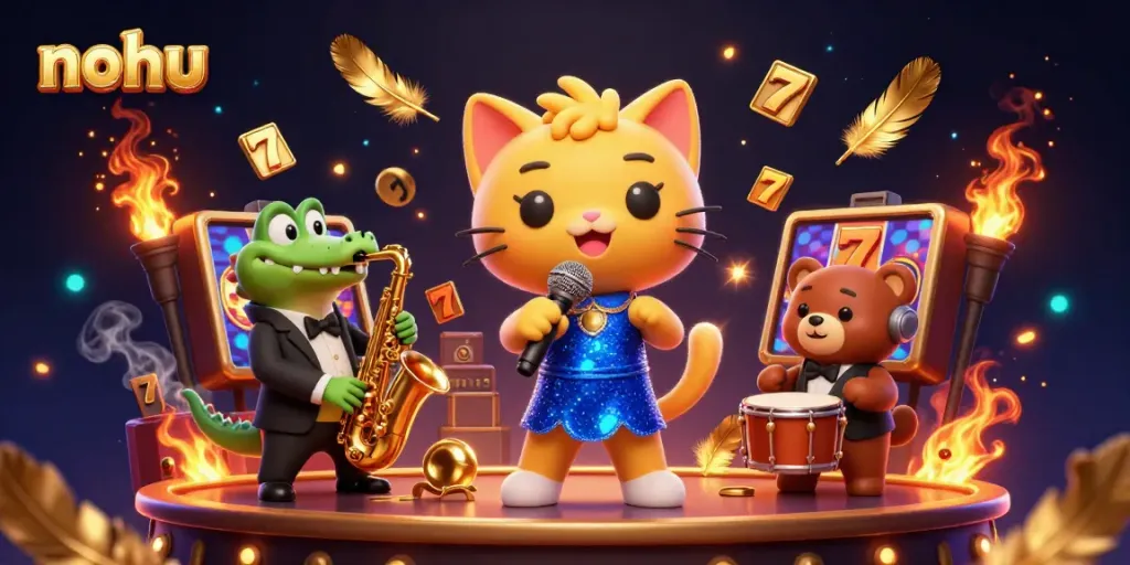 Spin the reels with nohu in a vibrant 3D casino scene featuring a jazz-singer cat and friends.
