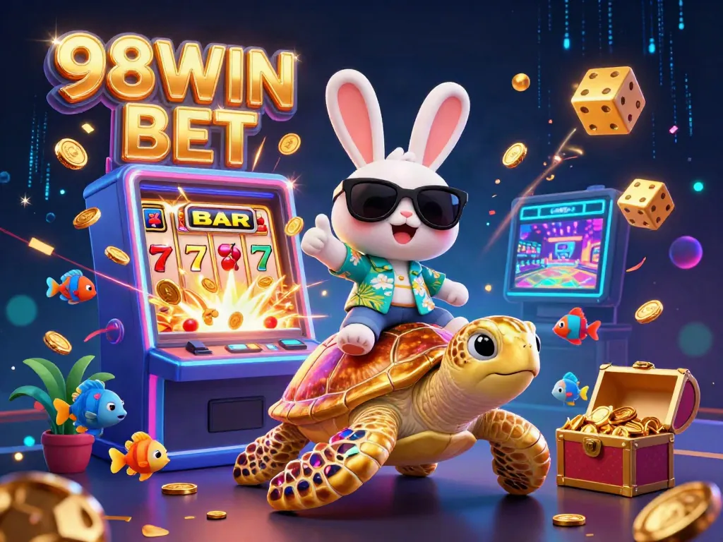 Experience thrilling wins with 98WIN BET in this cartoon scene of a lucky rabbit and golden turtle!