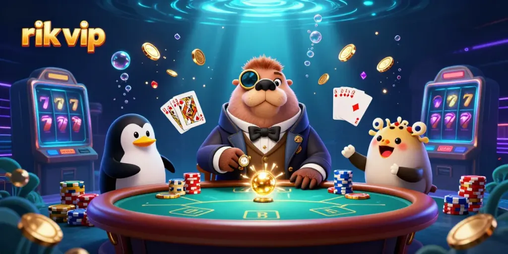 Experience excitement at rik vip with a jolly walrus playing poker surrounded by treasures and animations.