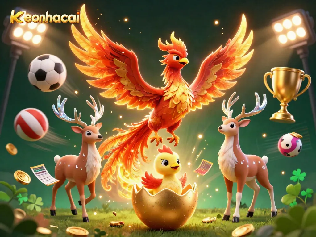 Experience thrilling sports betting with keonhacai, featuring dynamic elements like sports balls and a golden phoenix.