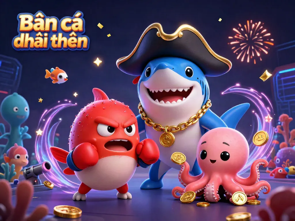 Bắn cá đổi thưởng dynamic scene featuring a pirate shark, pufferfish, and octopus with gold coins.