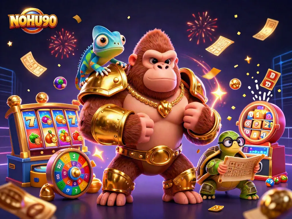 Engage with exciting NOHU90 slot games in a vibrant, dynamic 3D illustration featuring a powerful gorilla king.
