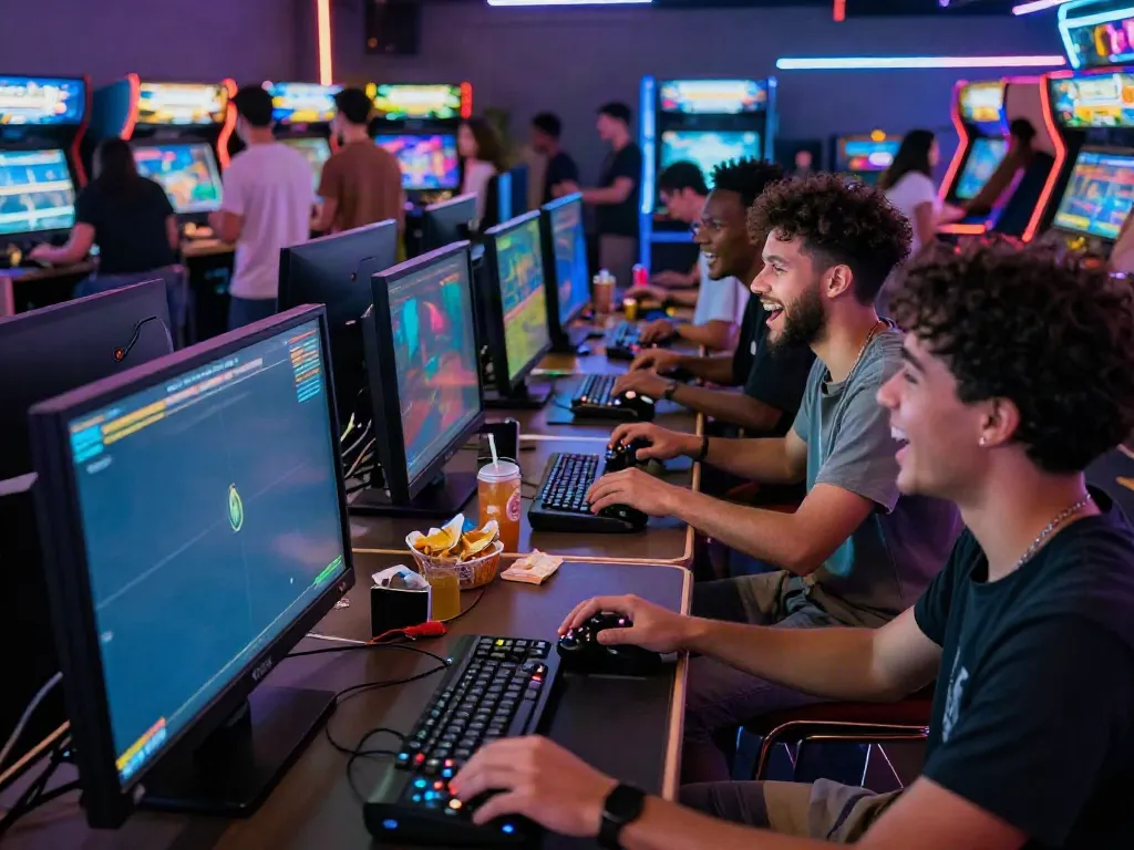 Friends enjoying multiplayer gaming at KILAT404 arcade, showcasing vibrant screens and lively atmosphere.