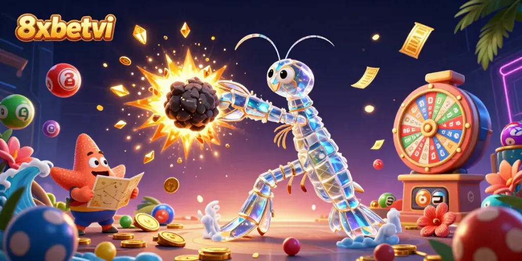 Engage with 8xbetvi as galactic samurai mantis shrimp celebrates jackpot wins amidst exploding asteroids and colorful games.