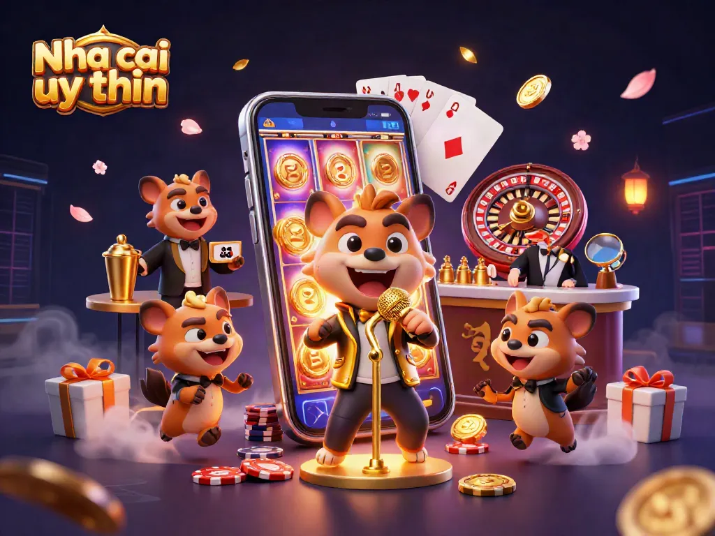 Nha cai uy tin showcases hyenas running a fun casino, featuring a bartender and comedian amidst vibrant game elements.