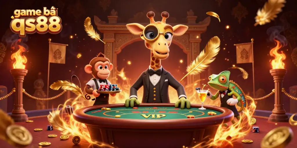 Experience fun with game bài qs88 featuring a high-roller giraffe at a poker table surrounded by exotic elements.