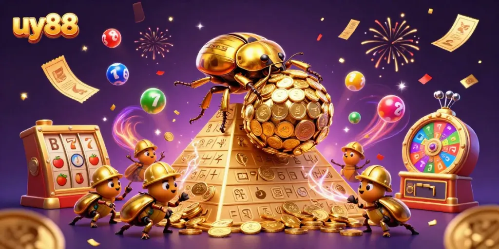 Experience excitement with uy88 as golden beetles roll coins amidst vibrant casino symbols.
