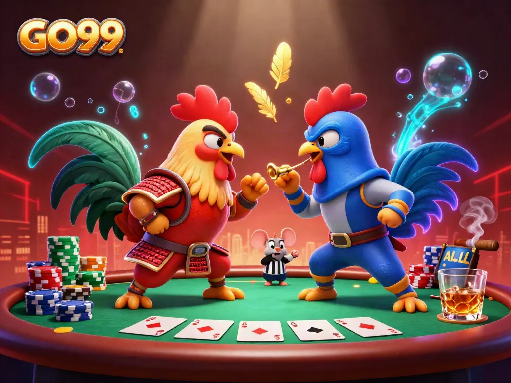 Experience thrilling GO99 action as fighting roosters duel at a poker table with vibrant casino elements.