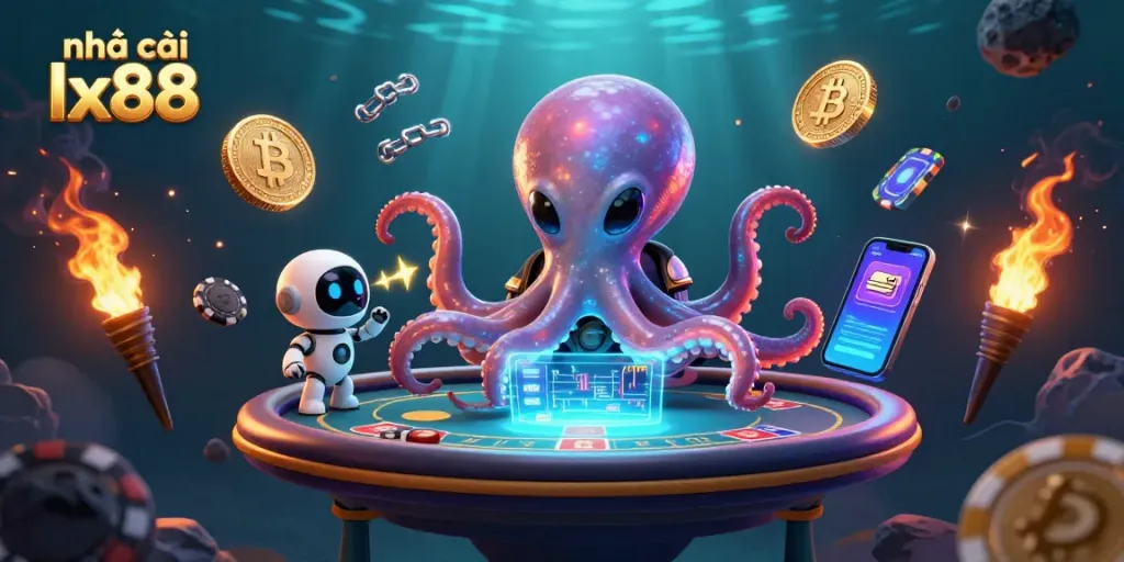 Join the excitement at nhà cái lx88 with a lively alien octopus and crypto elements in a vibrant casino scene.