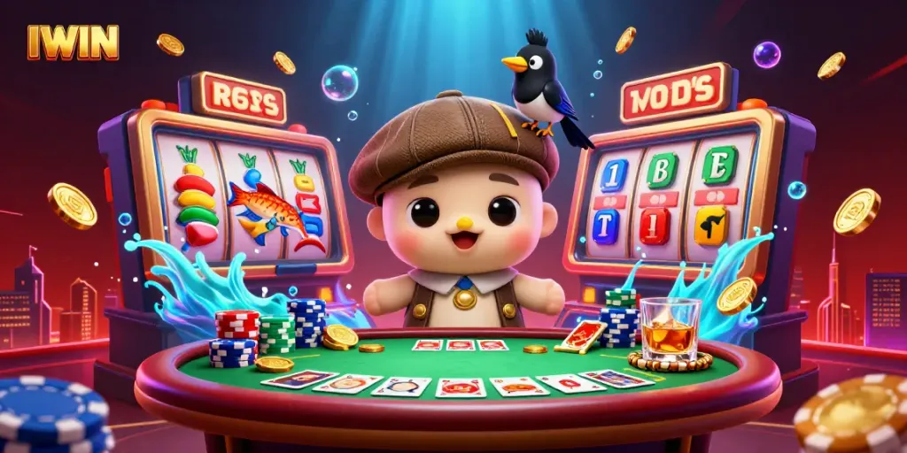 Exciting IWIN online casino scene with baby Nessie and magpie, jackpot reels, and vibrant game elements.