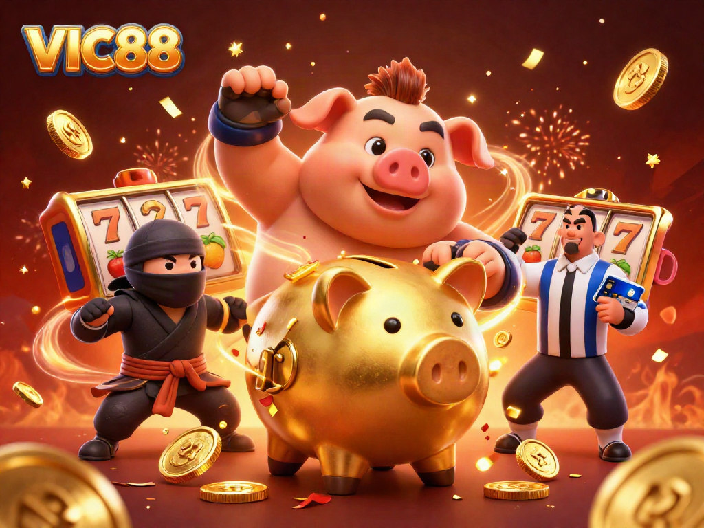 Experience thrilling action at VIC88 with a golden piggy bank sumo wrestler in a vibrant casino scene