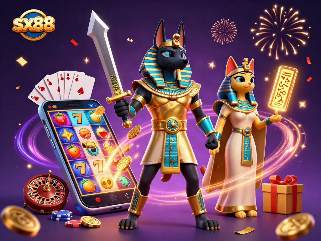 Engage in exciting gaming experiences with the sx88 slot game, featuring Anubis and Bastet in a dynamic casino scene.