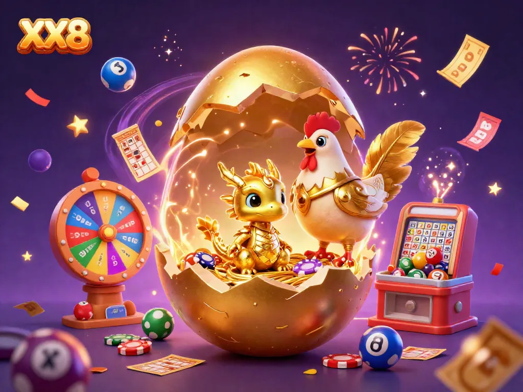 Engage in thrilling XX8 gambling with golden dragon and poker chips in vibrant celebration.