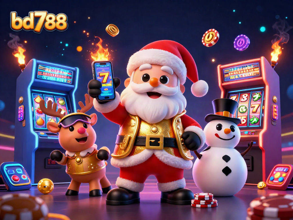Play exciting slots with bd788, featuring Santa, a reindeer dealer, and a poker chip snowman.