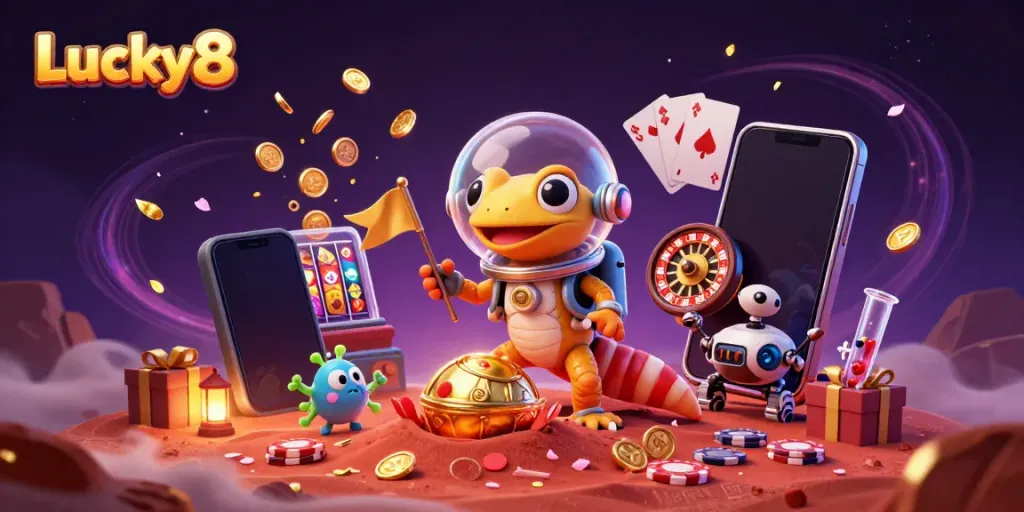 Experience Lucky8's excitement with a Martian gecko discovering a golden casino amidst vibrant game elements.