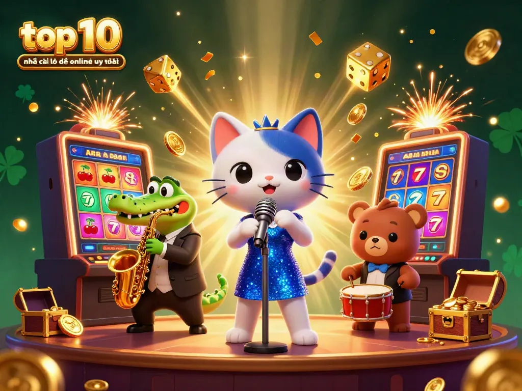 Play slots at top 10 nhà cái lô đề online uy tín, featuring a lively casino scene with colorful characters.