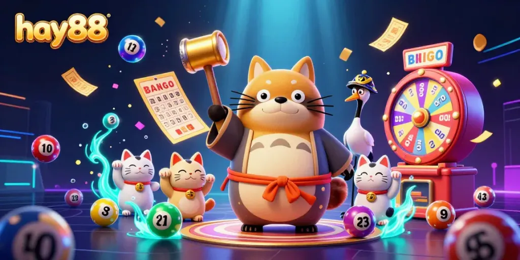 Experience the energetic fun of hay88 casino with a cheerful tanuki, vibrant lottery elements, and dynamic visuals.