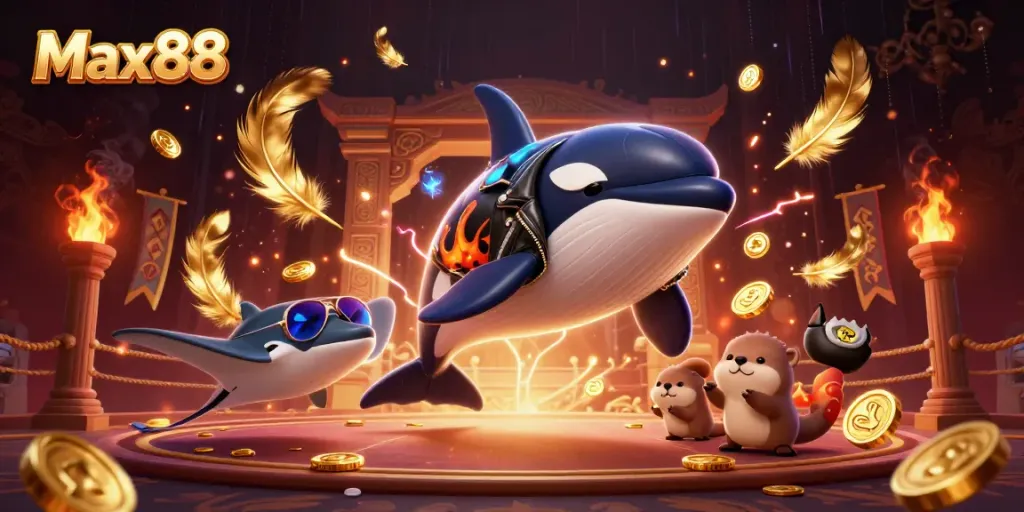 Experience the excitement of Max88 with a dynamic 3D casino-themed illustration featuring playful characters and vibrant game elements.