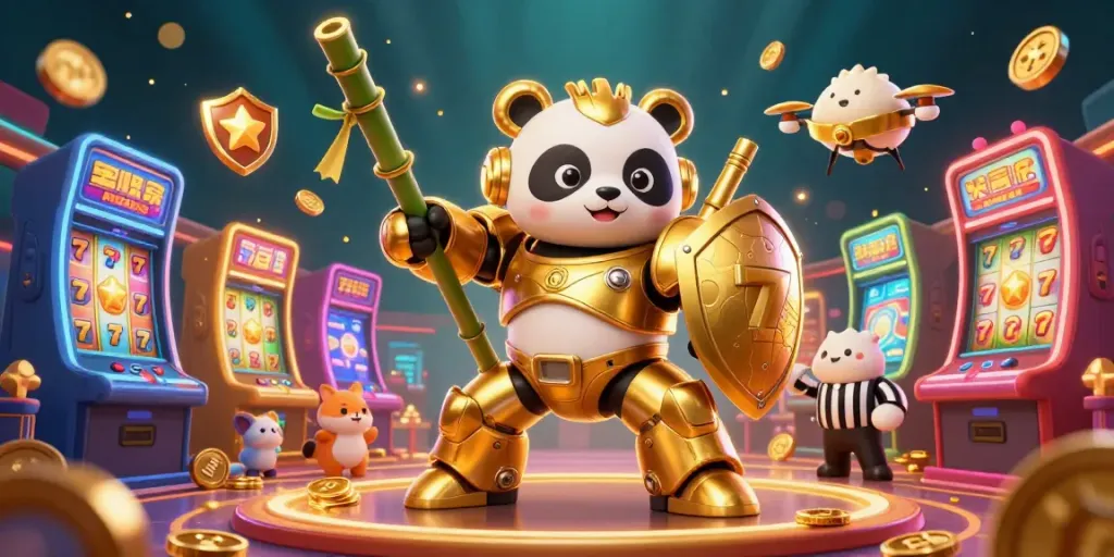 Visualisasi kasino 3D panda emas memimpin pertandingan dengan simbol slot dan elemen permainan, harga lebih baik di pricespugs.