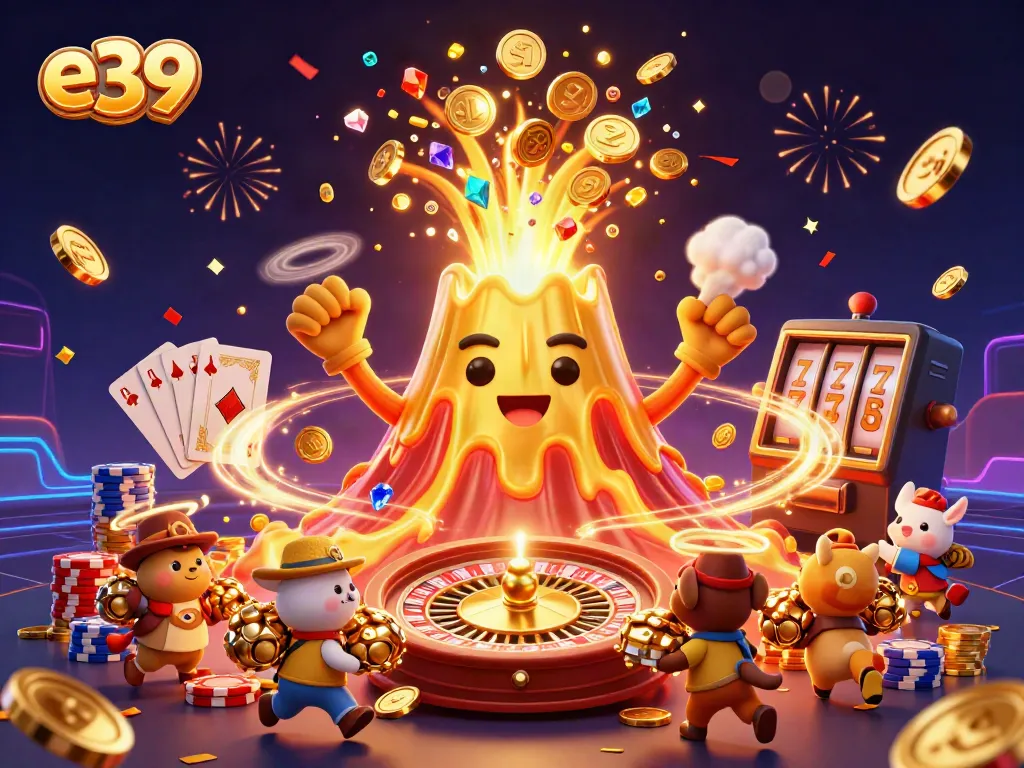 Experience excitement at e39 with a vibrant display of golden treasures and dynamic casino elements.