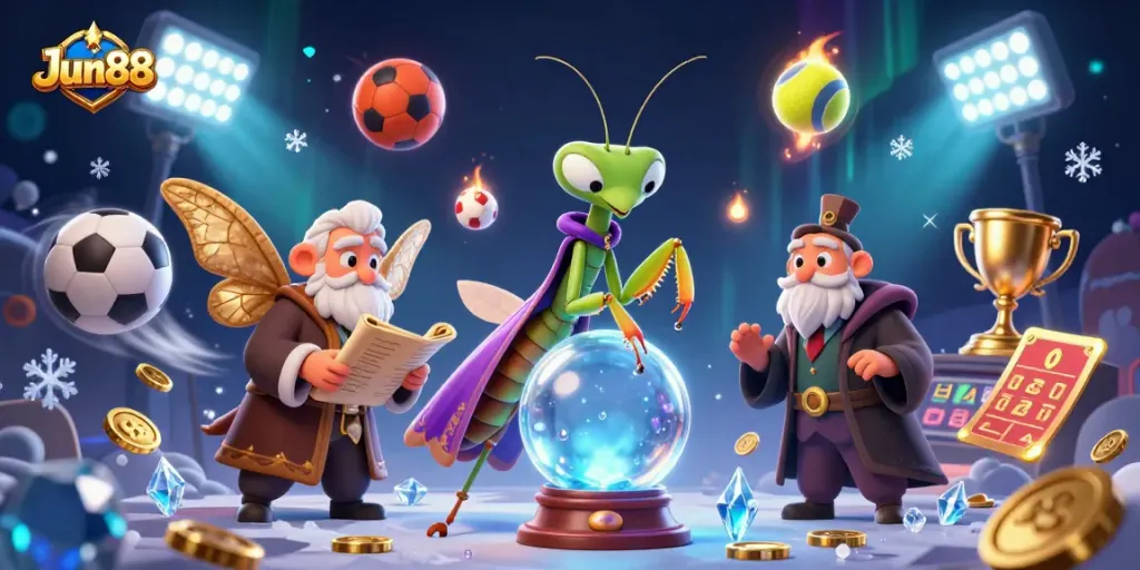 Engage with Jun88 as the praying mantis fortune teller reveals winning strategies in a vibrant casino scene.