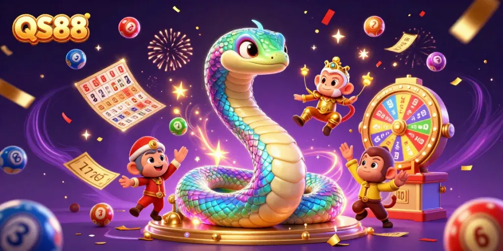 Experience the colorful excitement at QS88 with dynamic lottery elements and cheerful characters.