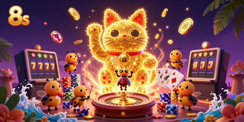 Experience the thrill of 8s with a dazzling casino-inspired illustration full of winning symbols.